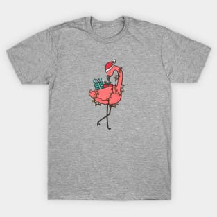 Tropical Christmas Flamingo with Santa Hat & Gifts T-Shirt